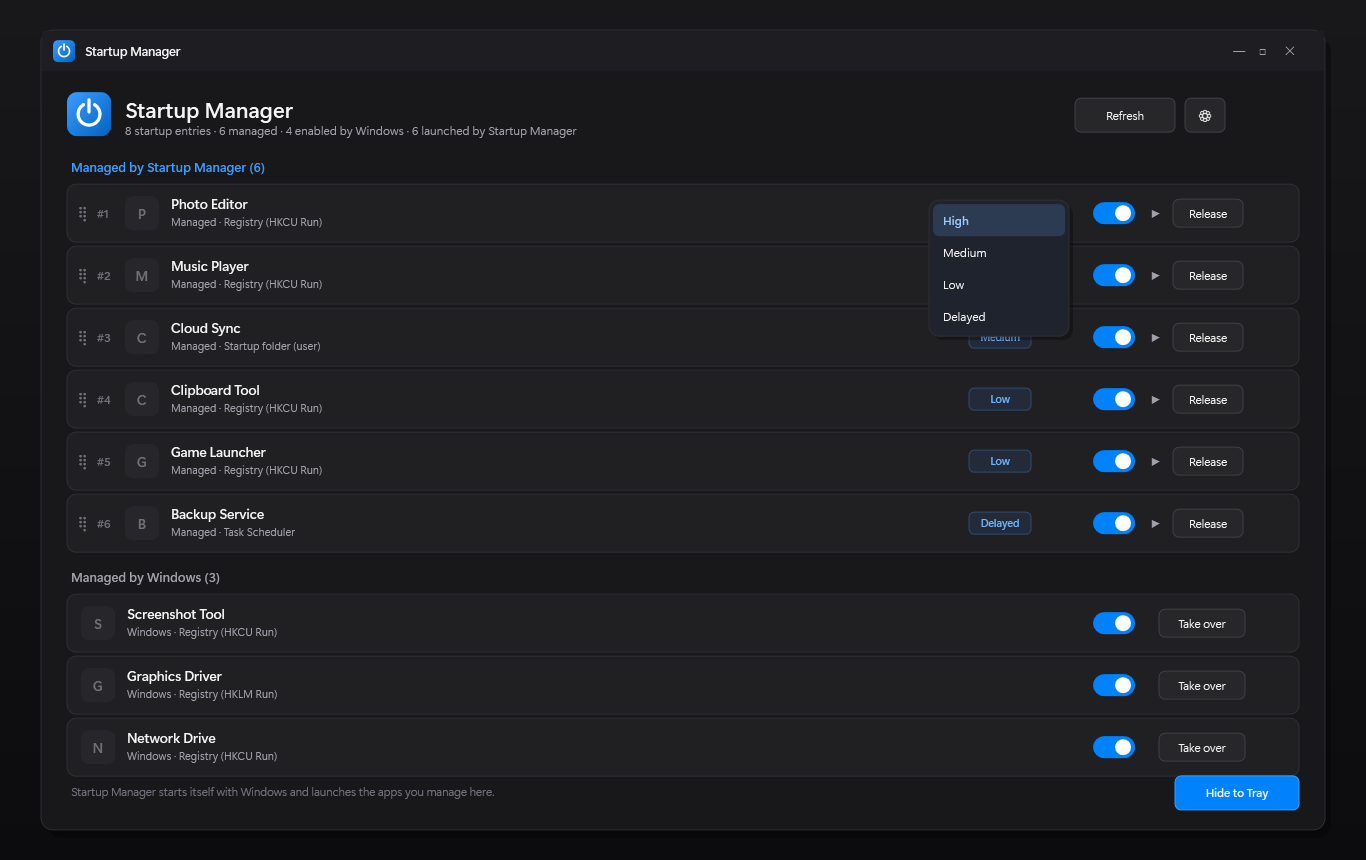 Startup Manager priority menu to move an app between High, Medium, Low and Delayed